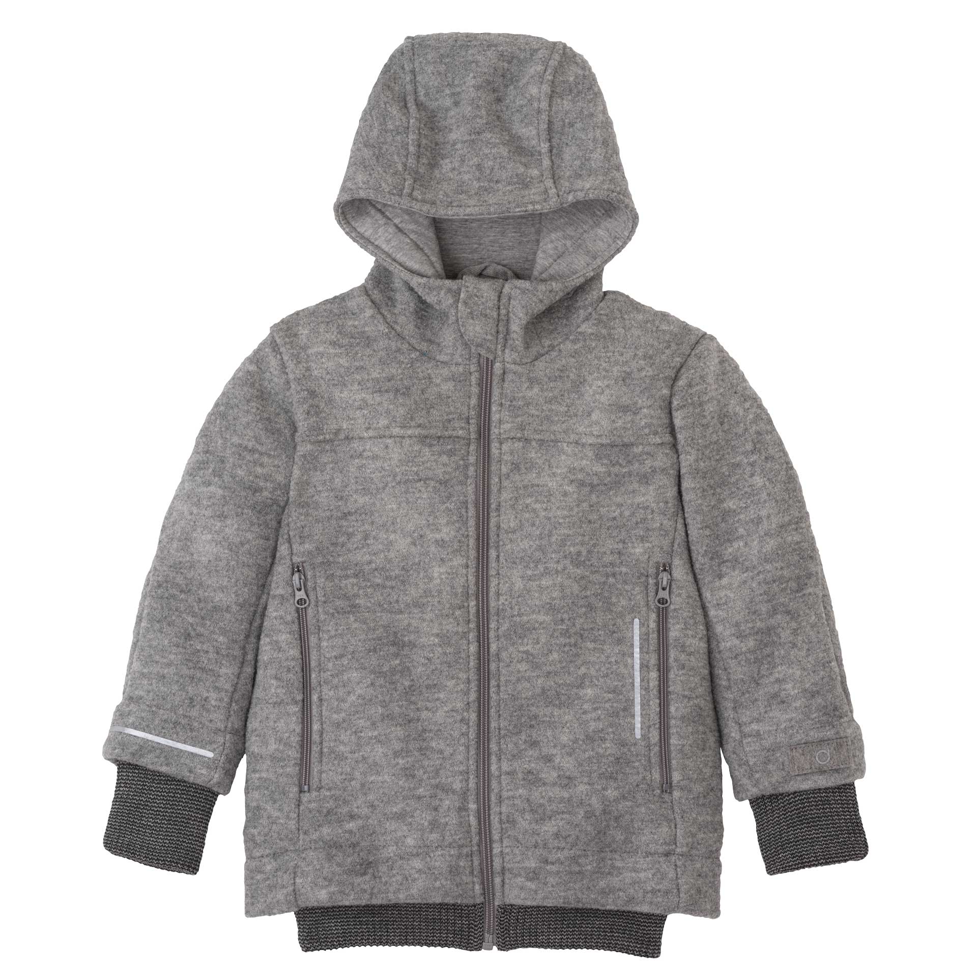 disana Outdoor-Jacke Grau, Wollwalk & Jerseyfutter: Bio-Merinowolle, Kapuze, Zipper-Taschen, Strickbündchen an Arm & Leib