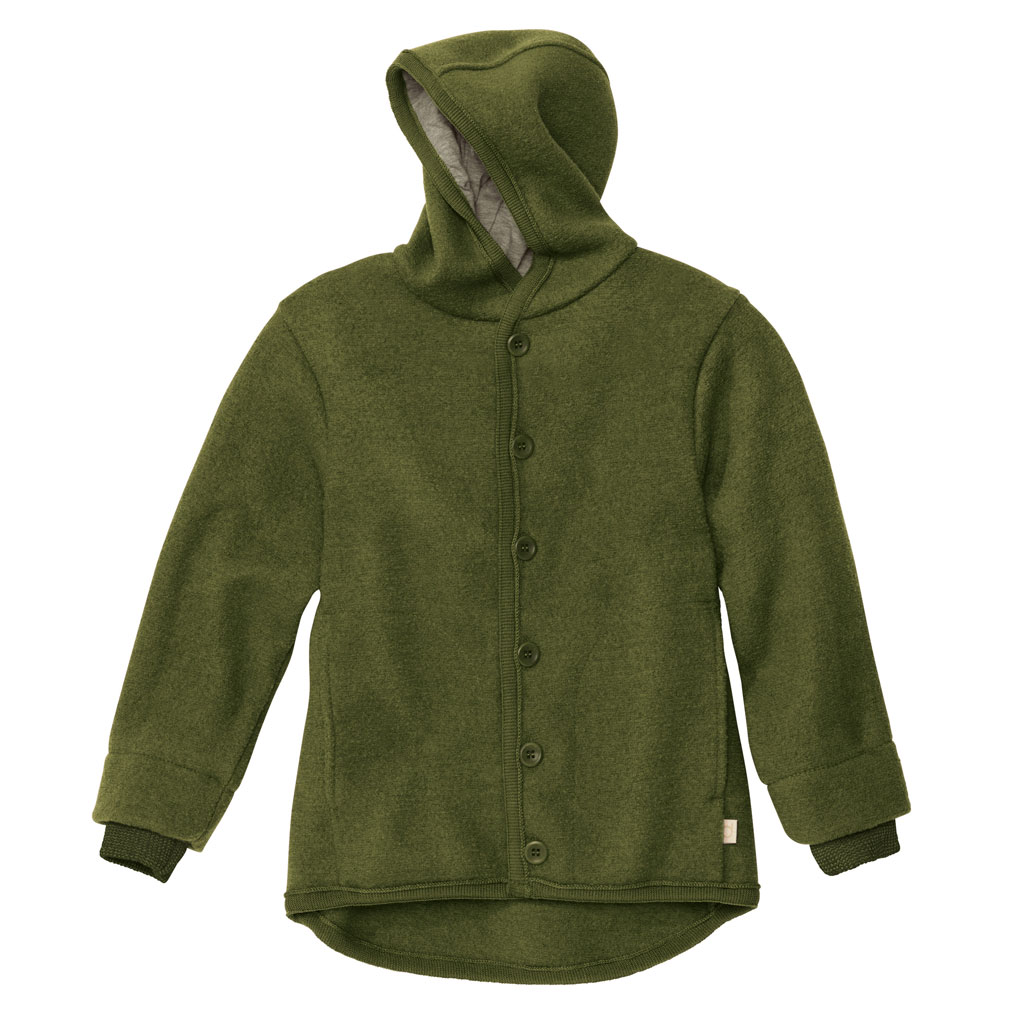 disana Walk-Jacke, Oliv, Wollwalk & Futter: Bio-Merinowolle mit Kapuze, 2 Taschen, Steinnussknöpfen & Strick-Armbündchen